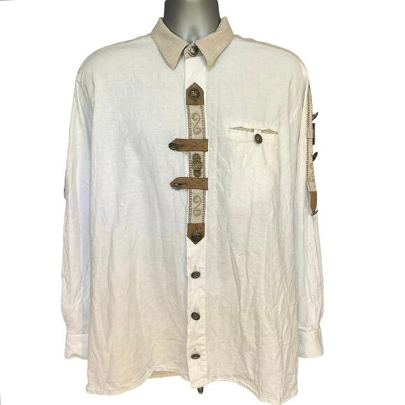 Grachten Lightweight White Cotton Embroidered Roll Sleeve German Shirt Size XL
